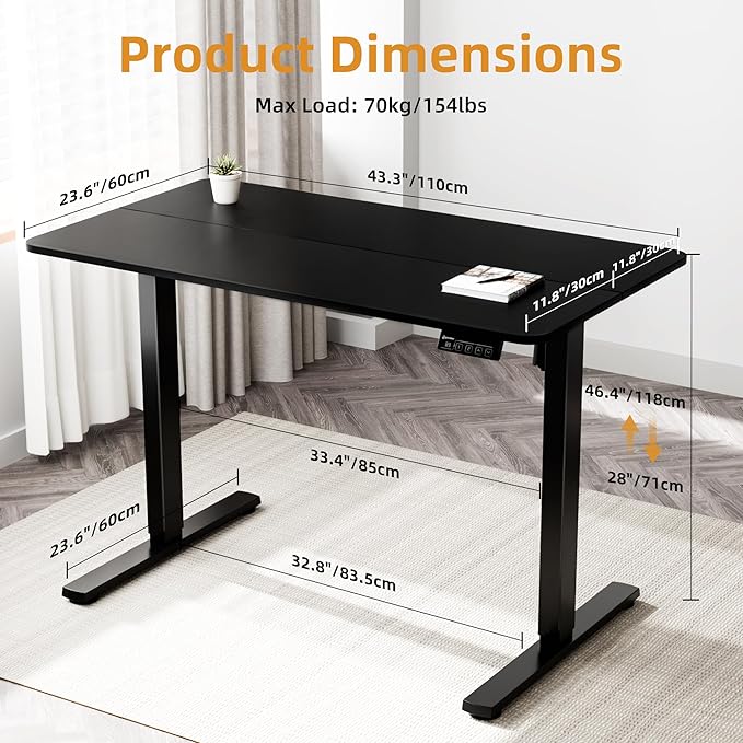 ERGOMAKER Electric Standing Desk, 43.3" x 23.6" Height Adjustable Sit Stand Desk with Splice Board for Home Office, Computer Desk Memory Preset (Black Frame, Black Desktop)
