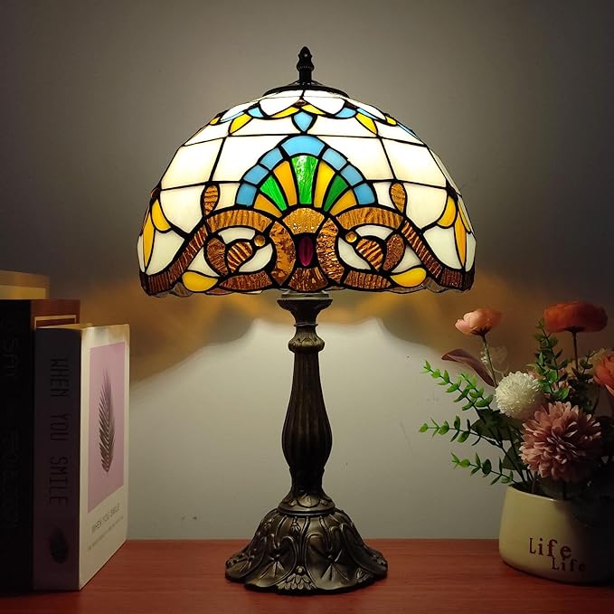 Tiffany Table Lamp 12X12X19 Inch Yellow Baroque Style Stained Glass Lamp Antique Bedside Desk Reading Light for Bedroom Living Room Home Office Include 3-Color LED Bulb