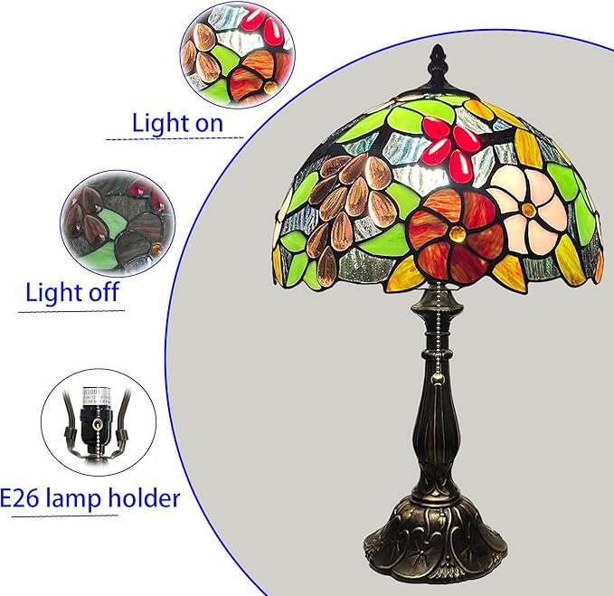 Tiffany Lamp 12-inch Grape Rose Stained Glass Lamp, Bedside Table Lamp, Suitable for Bedroom, Living Room, Home Office, Home Decor Art, E26 Bulb (Not Included in Delivery)