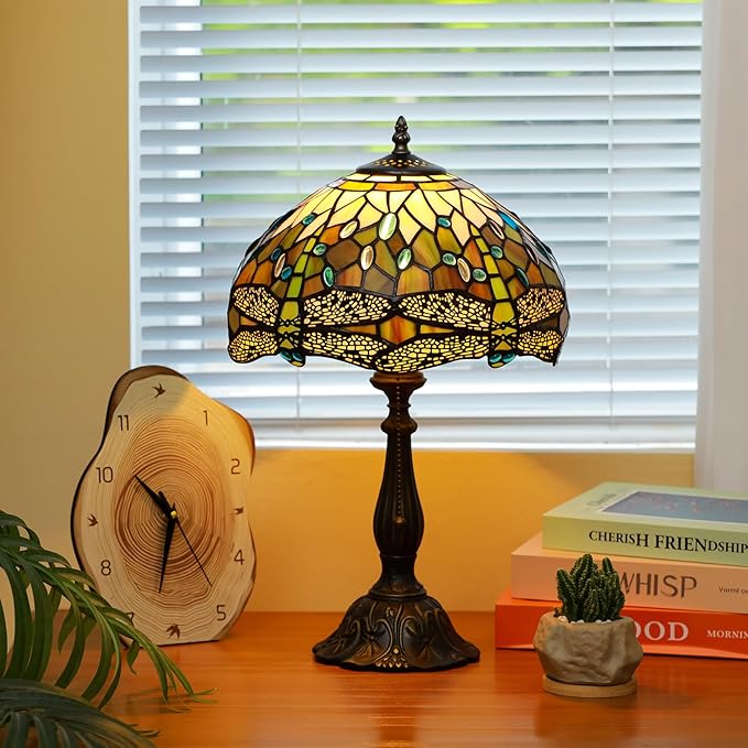 Tiffany Lamps White Brown Dragonfly Style Stained Glass Table Lamp Desk Bedside Reading Light 12X12X18.5 Inches with Bronze Resin Base Applicable to Bedroom Living Room Office