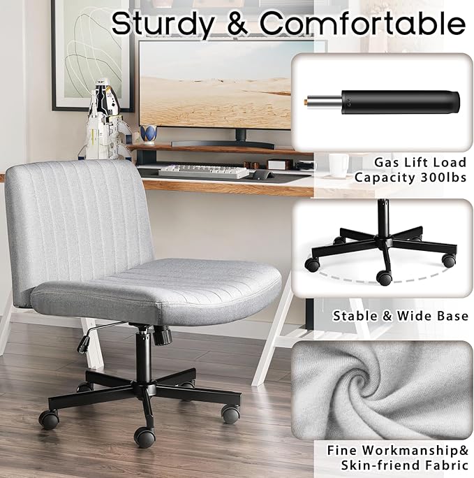 PUKAMI Criss Cross Chair with Wheels,Fabric Padded Armless Cross Legged Office Desk Chair for Home Office,Modern Swivel Height Adjustable Wide Seat (Grey)