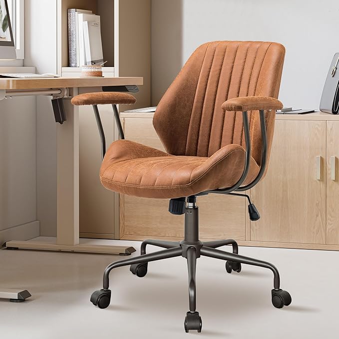 Mid Back Office Chair Mid Century Modern Executive Chair,Lumbar Support Ergonomic Home Office Desk Chair,Rolling Swivel Task Chair Task Chair Armrests Height Adjustable,350lbs (Brown)