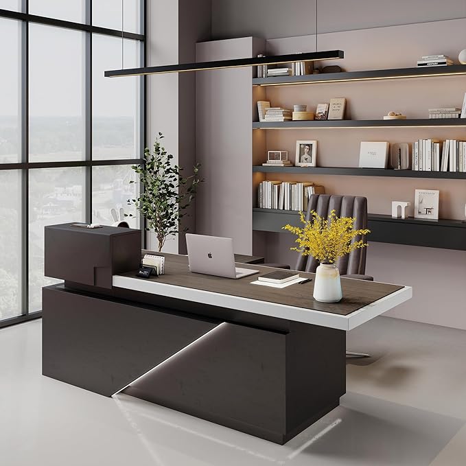 SAINTCY 86" Executive Desk with Drawers - L Shaped Desk with File Cabinet, Black Executive Office Desks with LED Light, Home Office Desk,2.6" Thickened Desktop