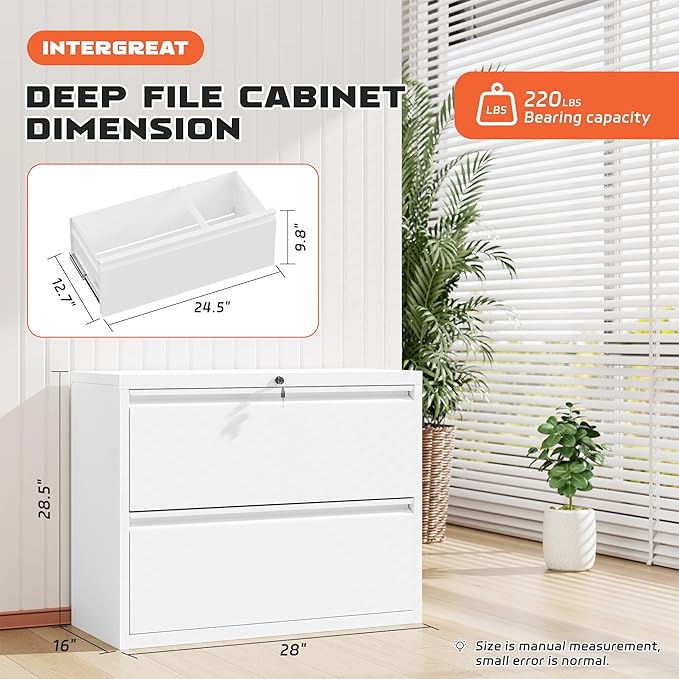 INTERGREAT 2 Drawer Lateral File Cabinet, White Office Filing Cabinet with Lock, 28" W Steel Wide Filing Organization Storage Drawers,Horizontal File Cabinets for Home Office,Letter/Legal/F4/A4