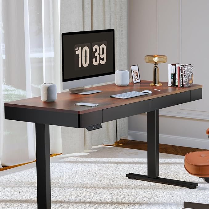 SANODESK Electric Standing Desk with 2 Drawers, 55 x 24 inch Height Adjustable Computer Desk, Home Office Stand Up Desk with 4 Preset Heights, Dark Walnut