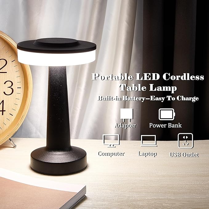 Riakrum Set of 2 LED Portable Cordless Table Lamp with Touch Sensor 3 Color Stepless Dimming Rechargeable Battery up to 15 Hours Cordless Table Light Wireless Lamp for Nursery(Black,4 Pcs)