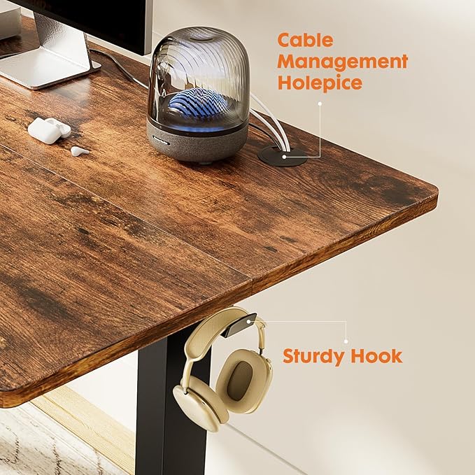 Sweetcrispy Standing Adjustable Height Desk, Electric 63 x 24 Inch Stand Up Rising Computer Gaming Table with 3 Memory Presets, Splice Board, T-Shaped Bracket Home Office Workstation, Rustic Brown