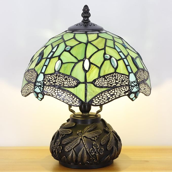 Small Tiffany Table Lamp Light Green Dragonfly Style Stained Glass Desk Lamp 10X11.5 Inch Mushroom Table Light for Office Home Living Room Bedroom