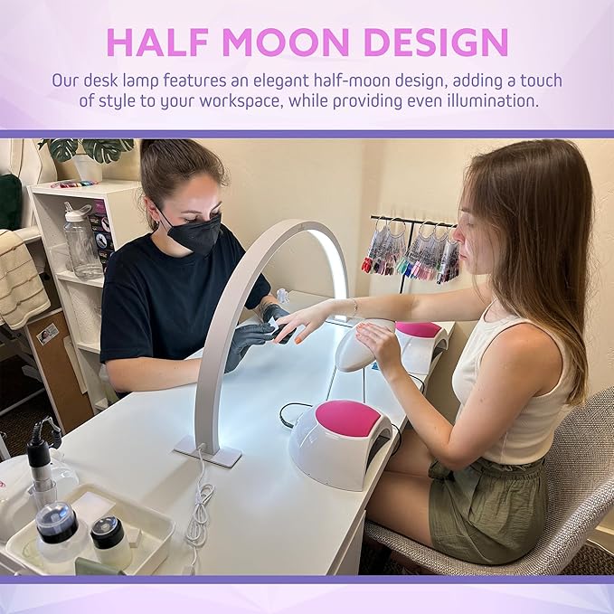Half Moon Nail Desk Lamp – 3360 Lumen LED Light for Nail Techs, Tattoo & Lash Work, Moon Light for Desk – Sleek White Design, Touch Control
