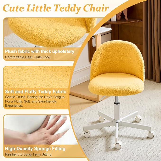 VINGLI Candy Chair Armless Cute Desk Chair,Comfy Small Office Chair with Wheels,Vanity Chair Lumbar Support,Teddy Adjustable Rolling Swivel Computer Task Chair for Home Office,Bedroom,Sunny Egg Yellow