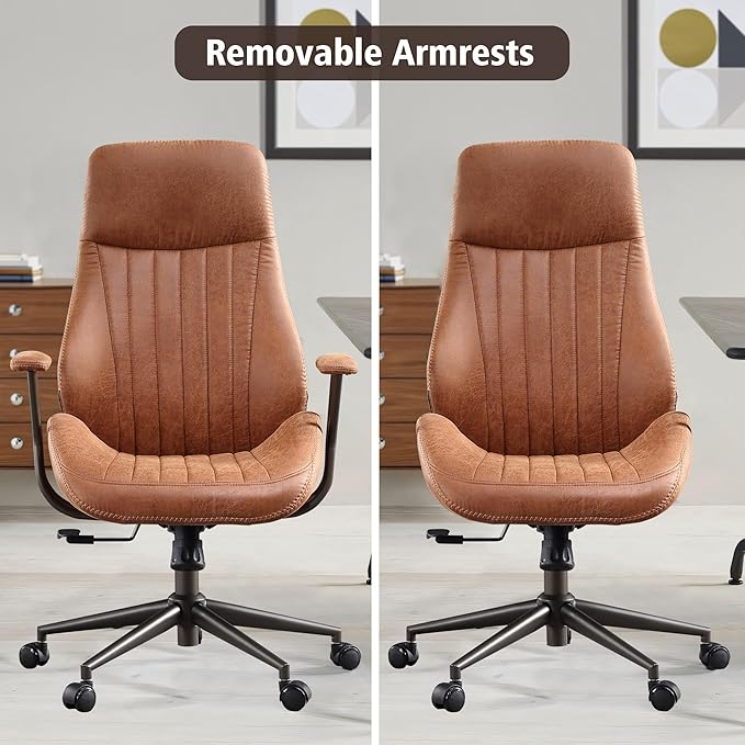 ovios Ergonomic High Back Office Chair, Mid-Century Modern Faux Suede Leather Chair with Padded Armrests, Comfy Executive Computer Task Swivel Rolling Chairs, Brown