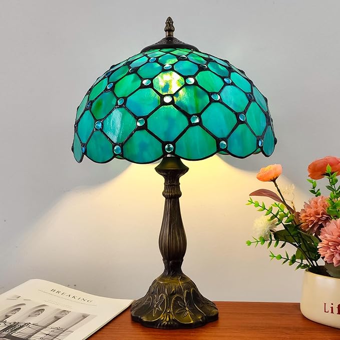 Tiffany Lamp Stained Glass Table Lamp Antique Bedside Desk Reading Light 3-Way Color LED Living Room Nightstand Light 12X12X19 Inches Home Office Desk Light
