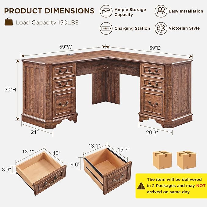 T4TREAM 59" Executive L Shaped Desk with Drawers,Farmhouse Wood Computer Coner Desk,Featuring Charging Station,File Drawer, Storage Cabinet,for Home Office Work and Study (Reclaimed Barnwood)