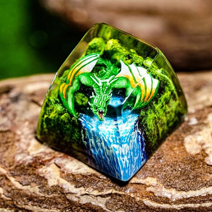 Green Dragon with Waterfall Artisan Keycap R1 SA Profile Custom Fantasy Dragon Keycaps 1U ESC Handmade Gaming Resin Key Cap Cherry MX Switch Compatible Mechanical Keyboard Gift for Dragon Lover