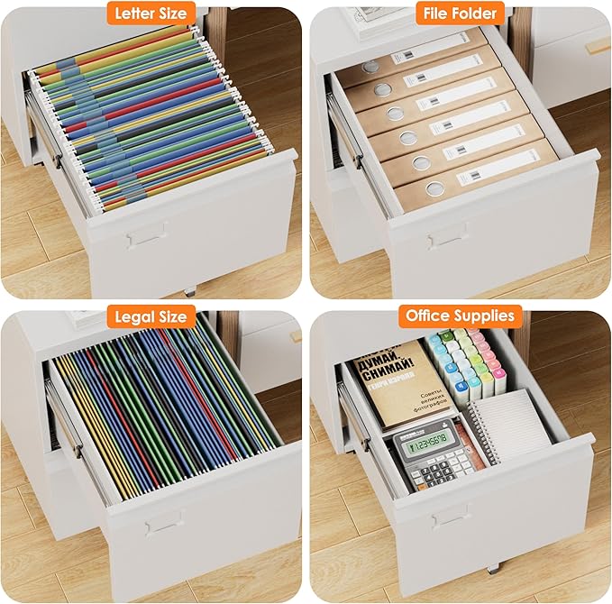 2 Drawers Metal File Cabinet with Lock, Under Desk Mobile Filing Storage Cabinet with Business Card Slot for Letter/Legal/F4/A4 Size Folders,Required Assembly,14.57"W x 17.36"D x 25.79"H,White