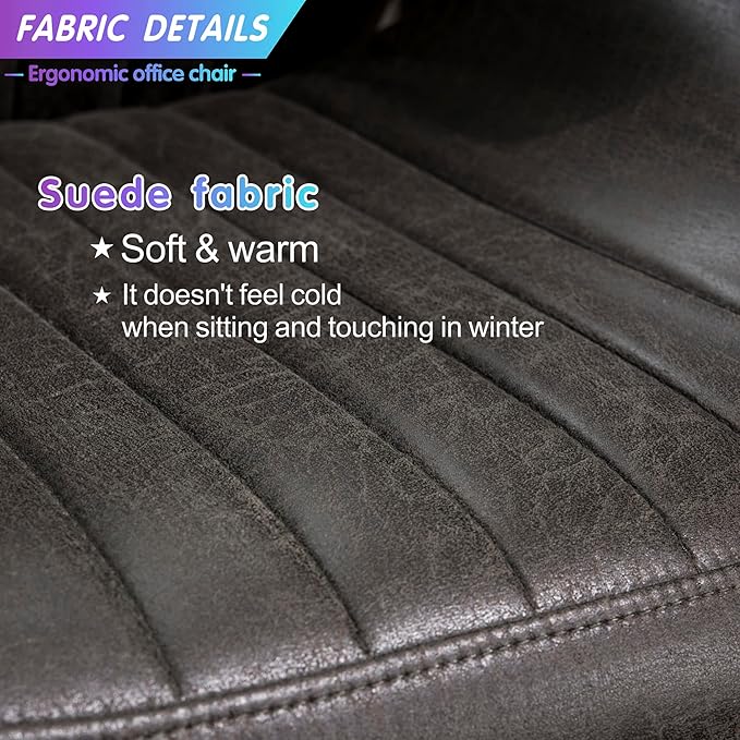 ovios Ergonomic High Back Office Chair, Mid-Century Modern Faux Suede Leather Chair with Padded Armrests, Comfy Executive Computer Task Swivel Rolling Chairs, Dark Grey