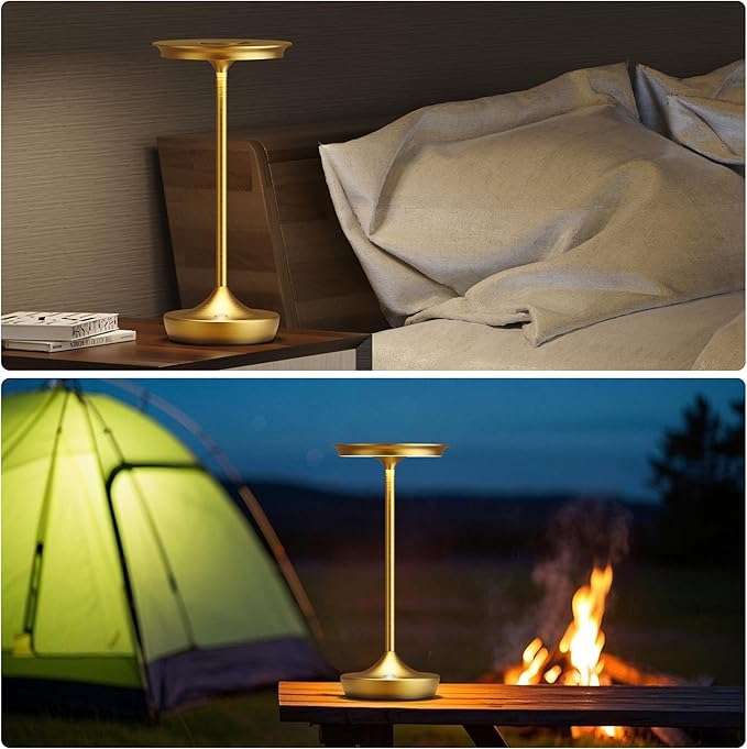 LED Rechargeable Cordless Table Lamps, Portable Outdoor Battery Operated Table Light 3 Color Stepless Dimming Table Lamp with Memory Function for Patio Restaurant Dining Room Gold