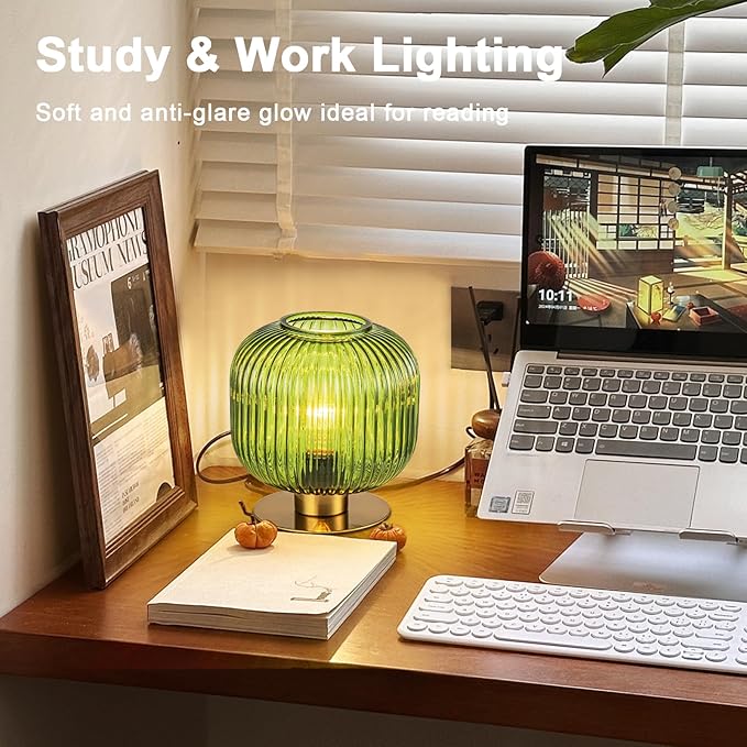 Green Table Lamp Glass Table Lamps Mid Century Modern Table Lamp Gold Bedside Lamp Vintage Nightstand Lamp with Ribbed Globe Shade Brass Desk Lamp Small Side Table Lamps for Bedroom Living Room