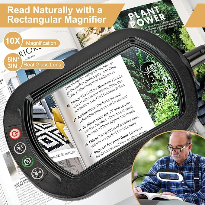 Veemagni 10X Rectangle Magnifying Glass with Light and Stand, Flexible Gooseneck LED Lighted Desk Lamp, 5 Color Modes Stepless Dimmable, Hands Free Magnifier for Reading Crafts Painting Close Work