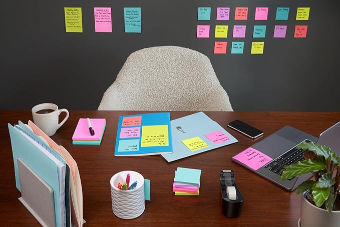 Post-it Super Sticky Notes, 24 Sticky Note Pads, 3 x 3 in., School Supplies, Office Products, Sticky Notes for Vertical Surfaces, Monitors, Walls and Windows, Supernova Neons Collection (Pack of 8)