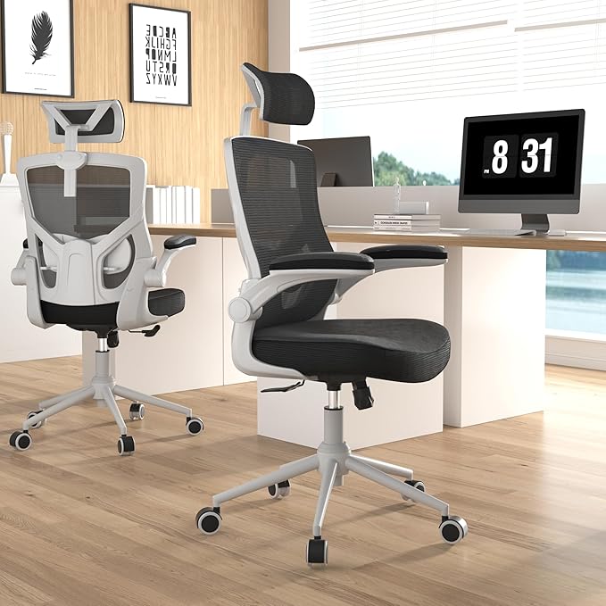 Ergonomic Office Chair with Adjustable Headrest & Lumbar Support - High Back Desk Chair with Flip-Up Arms, 360 Swivel Executive Computer Task Chair (Modern, Black-White Frame)