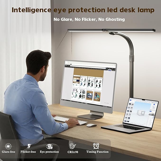 LED Double Head Desk Lamp,24W Brightest Architect Double Swing-arm Table Lamps,5 Adjustable Brightness Color Temperature ,for Workbench/Monitor/Home/Reading/Offices/Bedrooms/Dormitories