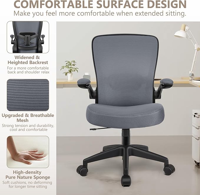 FelixKing Office Chair, Ergonomic Desk Chair Breathable Mesh Chairs Adjustable High Back Lumbar Support Flip-up Armrests, Executive Rolling Swivel Comfy Computer Chairs Home Office Slate Gray