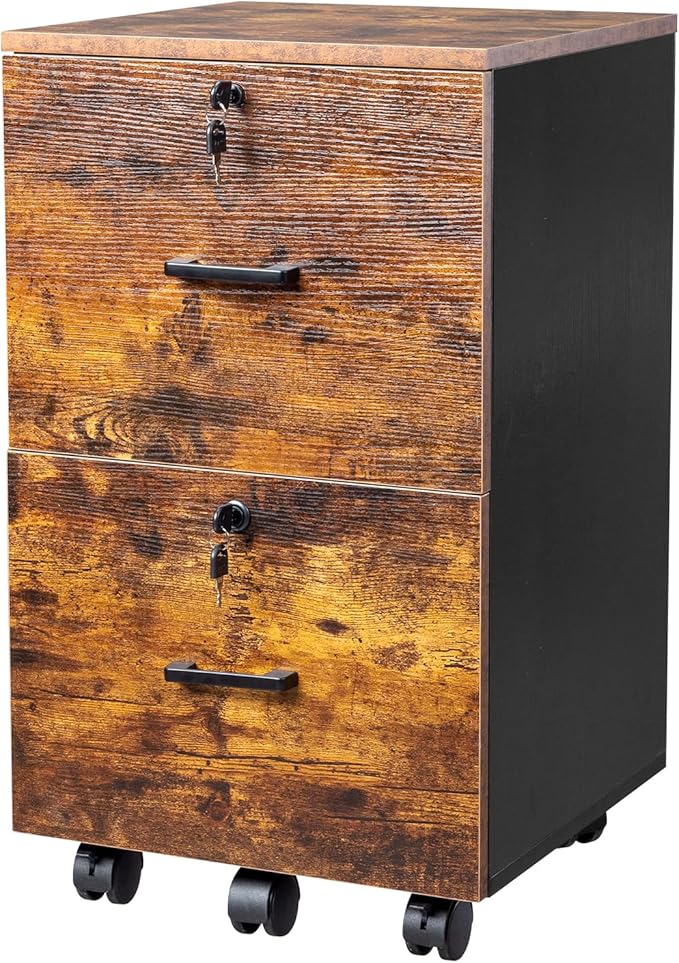 VINGLI 2-Drawer Small Rolling File Cabinet with Lock, Wood Filing Cabinet for Hanging Letter Size Filings with Tabs, Mobile Under Desk File Cabinets for Home Office, Rustic Brown & Black, 27.2" H