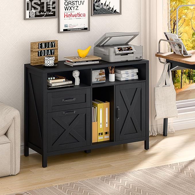 Lateral File Cabinet with 2 Drawers and Door, Farmhouse File Cabinet for A4/Letter Size Hanging Files, Large Wood File Storage Cabinets Printer Stand with Open Space for Home Office Furniture, Black