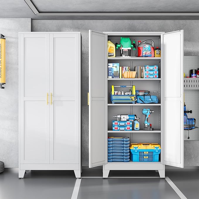 White Metal Storage Cabinet,75" Steel Cabinets for Home Office, Kitchen Pantry Storage Cabinet with Doors and 5 Adjustable Shelves, Tool Cabinets, for Office, Home, Garage, School