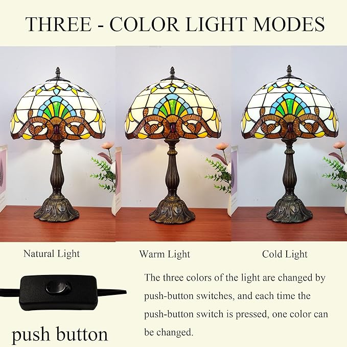 Tiffany Table Lamp 12X12X19 Inch Yellow Baroque Style Stained Glass Lamp Antique Bedside Desk Reading Light for Bedroom Living Room Home Office Include 3-Color LED Bulb