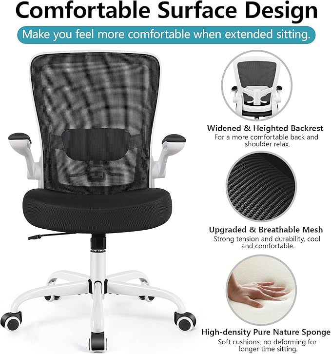 FelixKing Office Chair, Ergonomic Desk Chair Breathable Mesh Chairs Adjustable High Back Lumbar Support Flip-up Armrests, Executive Rolling Swivel Comfy Computer Chairs Home Office White