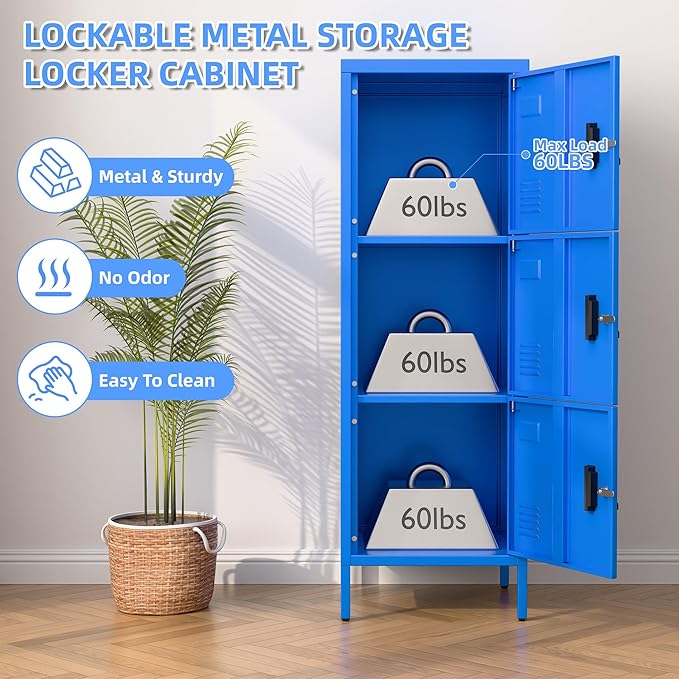 Metal Locker with Ventilation Holes, Metal Storage Cabinet with Lock and Card Slof for Home,School, Office, Gaeage,47.3" H x 15.8" W x 15.8" D,Assembly Required,Blue