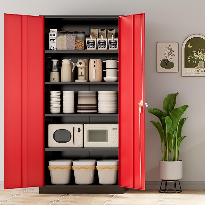 INTERGREAT Metal Storage Cabinet,72" Steel Lockable File Cabinet with Locking Doors and Adjustable Shelves,Locking Tool Cabinets for Office,Home,Garage,Gym,School (Black Red)