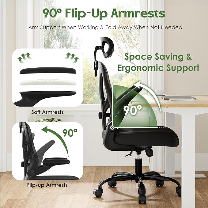 Office Chair Ergonomic Desk Chair - Mesh High Back Office Chair with Headrests Wheels Lumbar Support Home Desk Office Chairs Flip up Armrest Executive Rolling Swivel Task Computer Chair Black