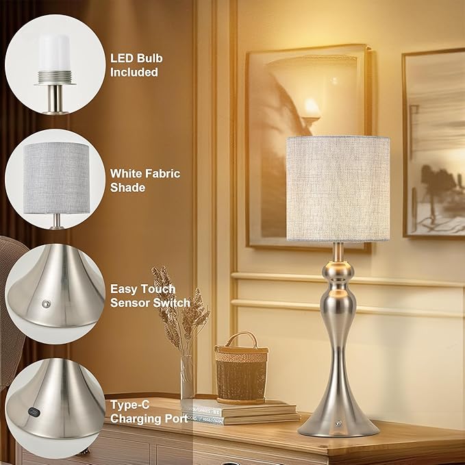 Table Lamp for Bedroom, Cordless Bedside Lamps for Living Room, Touch 3-Way Dimmable Desk Lamp for Night Stands, Rechargeable, Battery Operated Lamp with Fabric Shade for Dorm, Home Office (Nickel)