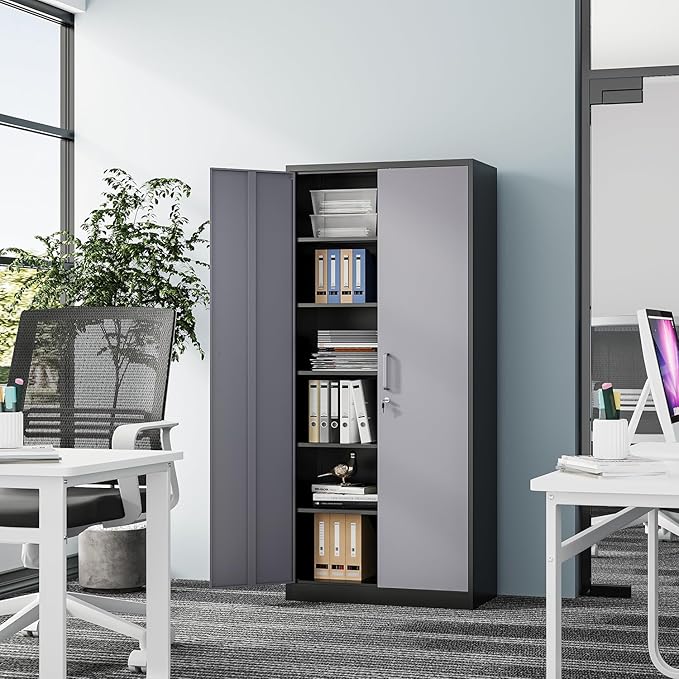 Metal 71' Tall File Cabinet with Lockable Doors and 5 Adjustable Shelves - Black&Gray Steel Storage Cabinet for Home, School, Office, Garage