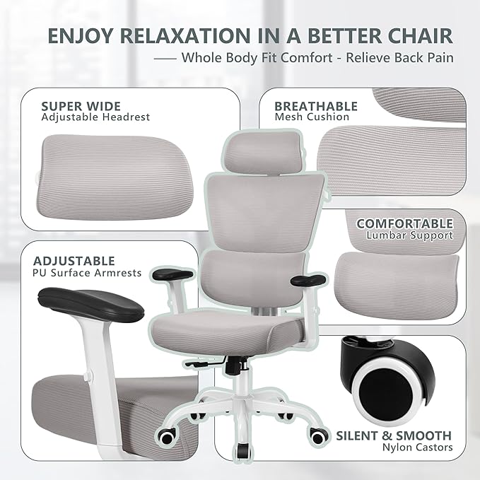 Winrise Office Chair Ergonomic Desk Chair, High Back Gaming Chair, Big and Tall Reclining Chair Comfy Home Office Desk Chair Lumbar Support Breathable Mesh Computer Chair Adjustable Armrests (Gray)