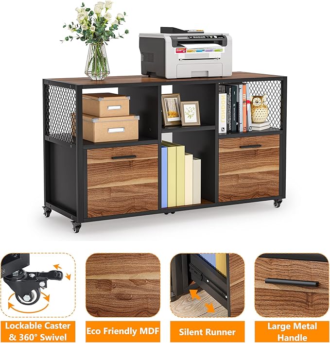 Tribesigns 2 Drawer Wood File Cabinets, Modern Mobile Lateral Filing Cabinet for Letter/ A4 Size, Printer Stand with Open Storage Shelves and Drawer for Home Office, Rustic Walnut