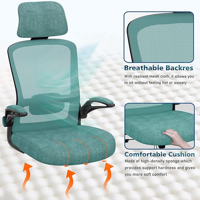 Ergonomic Office Chair for Long Hours & Back Pain Relief – Adjustable Lumbar Support & Headrest, High-Density Foam Cushion, Flip-Up Armrests, Perfect for Work & Study, Green
