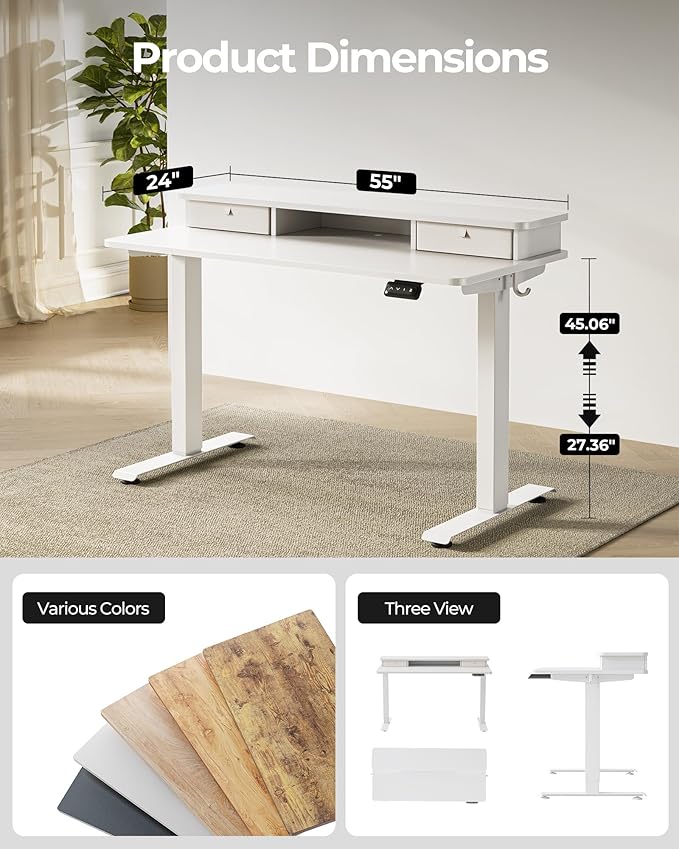 FEZIBO 55 x 24 Inch Height Adjustable Electric Standing Desk with Double Drawer, Computer Desk, Home Office Stand Up Table with 4 Height-Adjustable Feets & 2 Hooks, White
