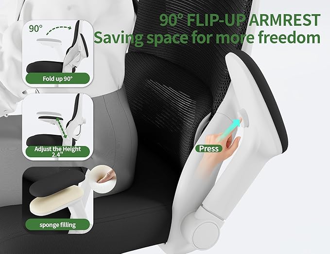 Ergonomic Office Chair - Computer Desk Chair with Adjustable Lumbar Support - 400lbs Executive Desk Chair High Back with Headrest Flip-Up Arms for Long Hours, Rolling Chair (White Black)
