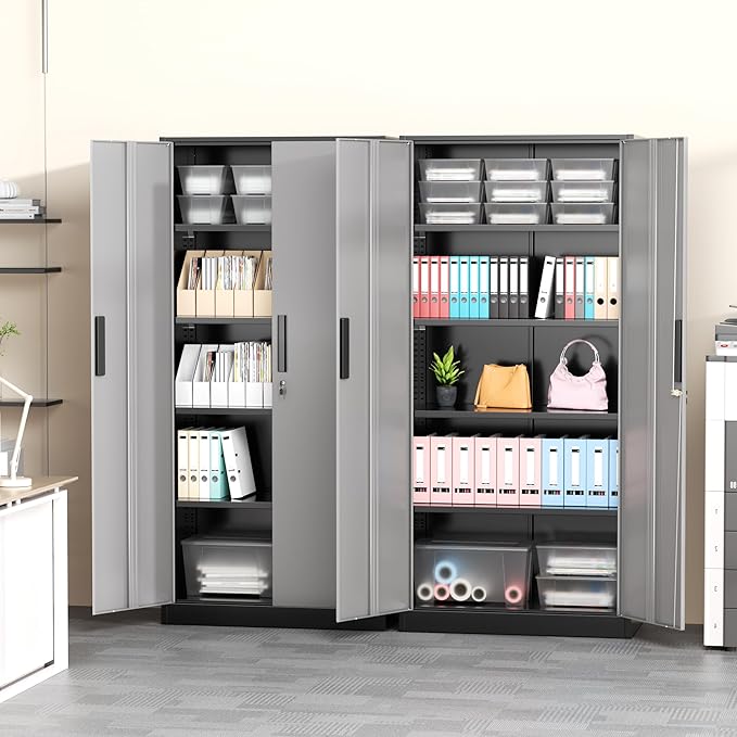 Greenvelly Metal Storage Cabinet, Locking Steel Garage Cabinets with Doors and Adjustable Shelves, Metal Tool Cabinets for Garage,Home Office,School (Black Grey)