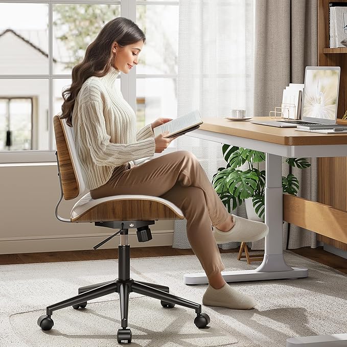 Home Office Chair with Wheels, Armless Office Desk Chair Adjustable Height, Swivel Rolling Modern Walnut Mid Back Computer Task Chair for Home Office, Small Space, Beige, Lozenge Pattern