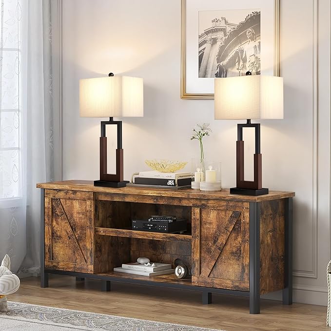 Maxax 30" Farmhouse Table Lamps Set of 2 for Living Room, Modern Black Bedside Lamps with USB & Type-C Port, 3-Way Dimmable Wood Bedroom Lamp with White Rectangular Lampshade for Nightstand