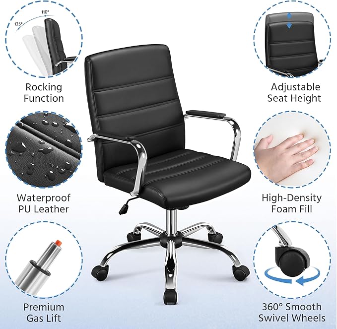 Yaheetech Managerial Executive Chairs Office Task Chair Mid-Back PU Leather Ergonomic Computer Desk Chair w/Lumbar Support Swivel Wheels Thick Padding Seat for Home Office, Black