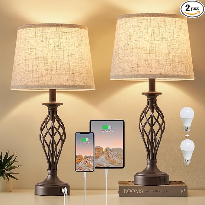 Table Lamp for Bedroom Set of 2 with USB C+A Ports - Modern Brown Bedside Lamps with Spiral Cage Base Fabric Shade - Nightstand Lamp for Living Room Reading Bed Side End Table 2 LED Bulbs Included