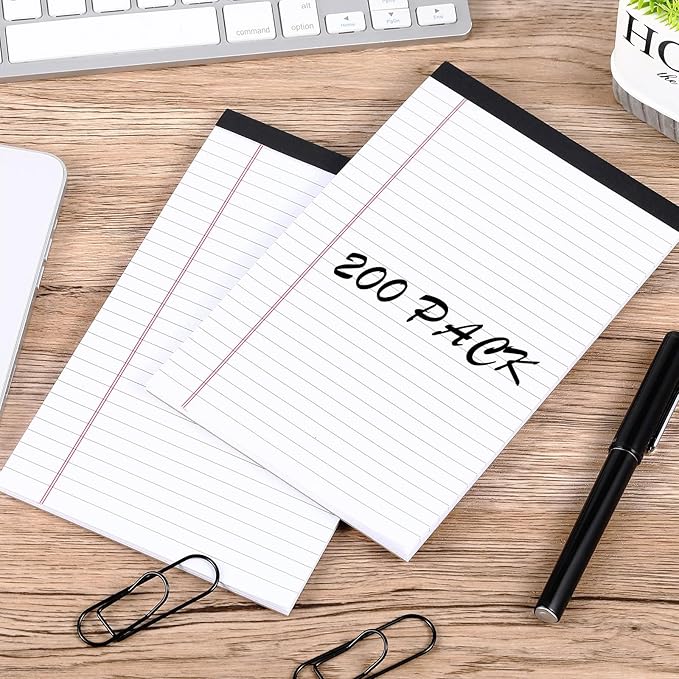 Gueevin 200 Pcs Legal Pads 5x8 Inch Note Pads Lined Small Notepads Bulk Wide Ruled Writing Paper 5 x 8 Mini Notebook for School, College, Office, Classroom Supplies, 40 Sheets (White)