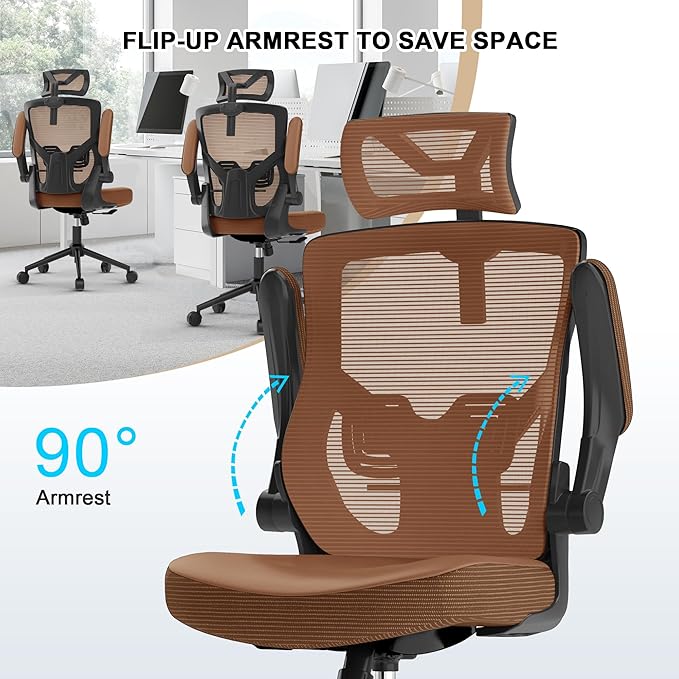 Home Office Chair, Ergonomic Comfy Desk Chair, High Back Computer Chair- Adjustable Headrest with Flip-Up Arms, Lumbar Support, Swivel Executive Task Chair (Mummy Brown, Modern)