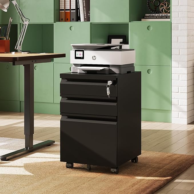 DEVAISE 3 Drawer File Cabinet with Lock, Black Metal Mobile Filing Cabinet Under Desk, Home Office Furniture fits A3/A4/Letter Size, 17" D x 15" W x 24" H